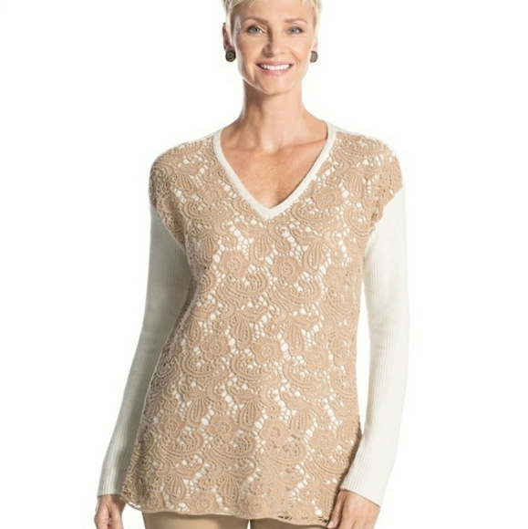 Chico's Christina Lace Front Pullover Cream & Tan - Picture 8 of 8